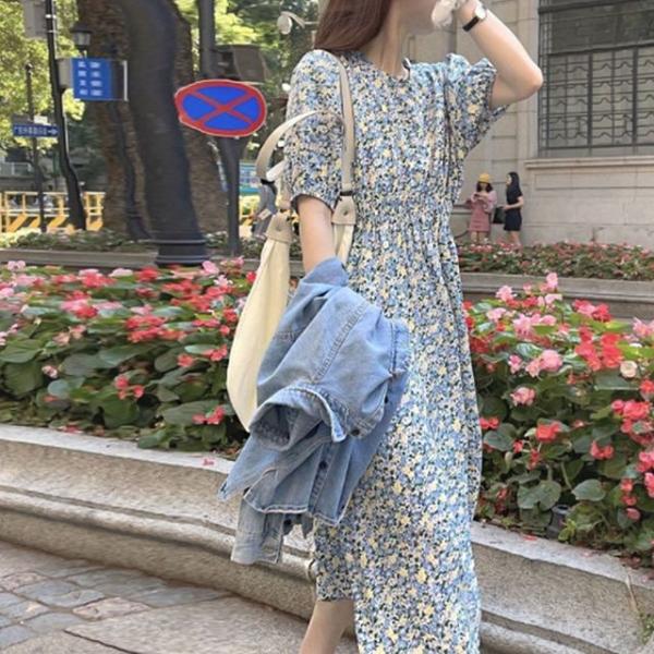 여성스러운 블루 플라워 패턴 밴딩 청순 예쁜 원피스