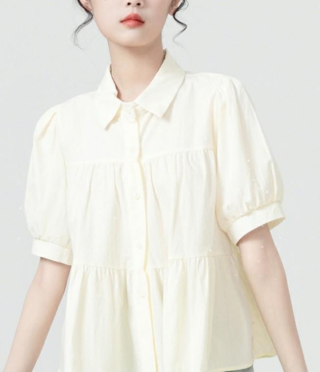 엠디메이드 여름 여성 반팔 셔츠 블라우스 크롭 퍼프반팔 면접 린넨 셔츠 반팔 기본 면접블라우스 코튼셔링