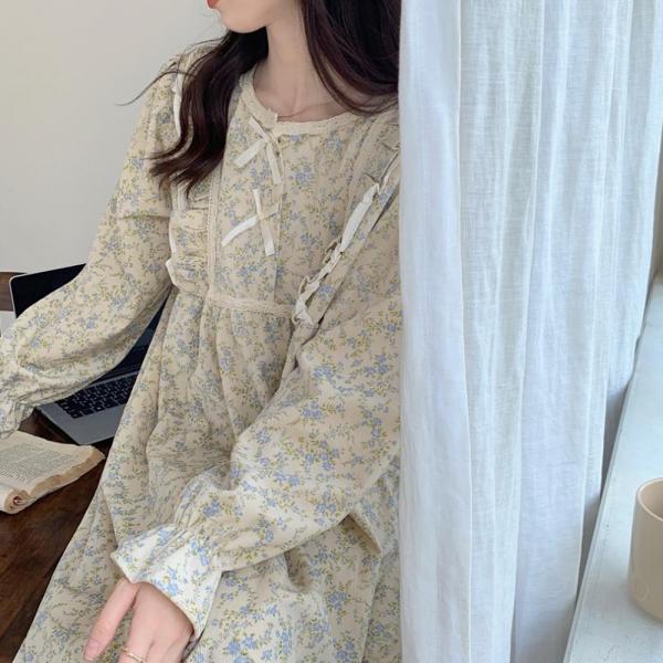 잔꽃 긴팔 플라워 꽃무늬 원피스 잠옷 홈웨어