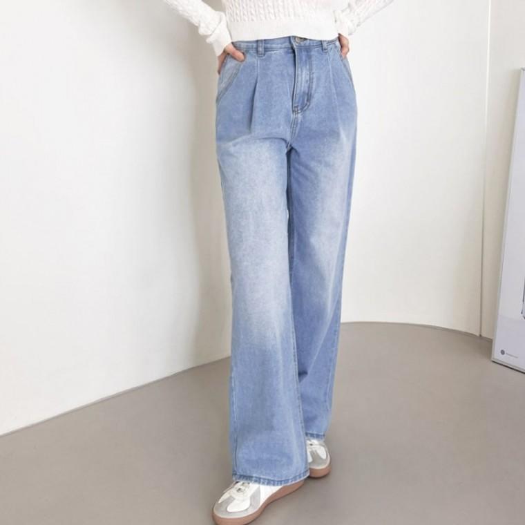 핀턱 여성 와이드 청바지 데일리 워싱 데님 팬츠 연청