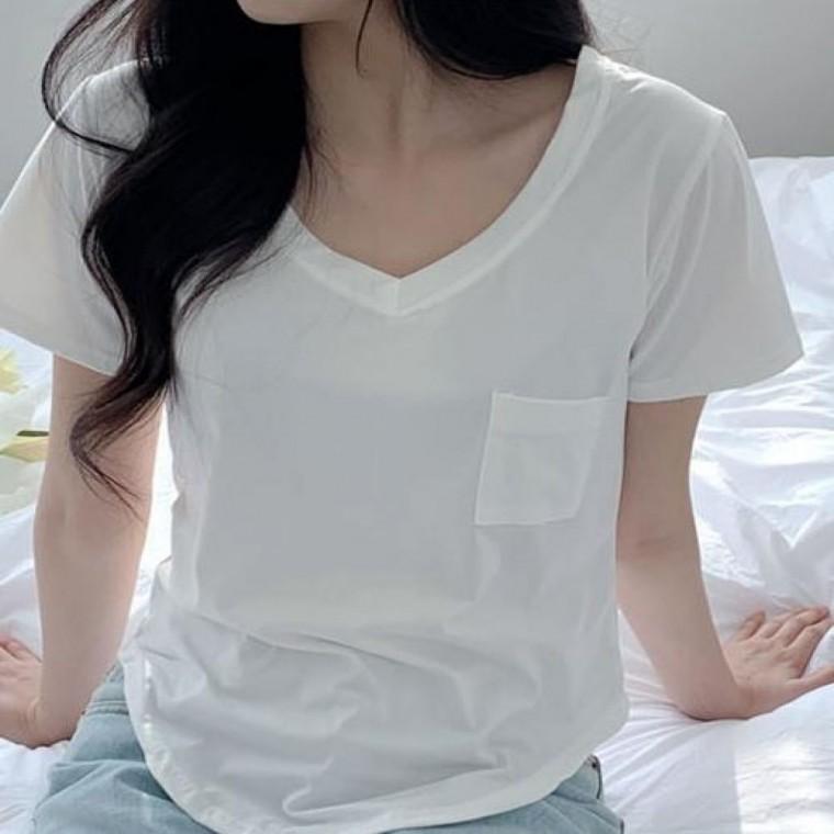 포켓 브이넥 면티 여자 무지 여성 여름 반팔티 티셔츠 기본 여자 면티