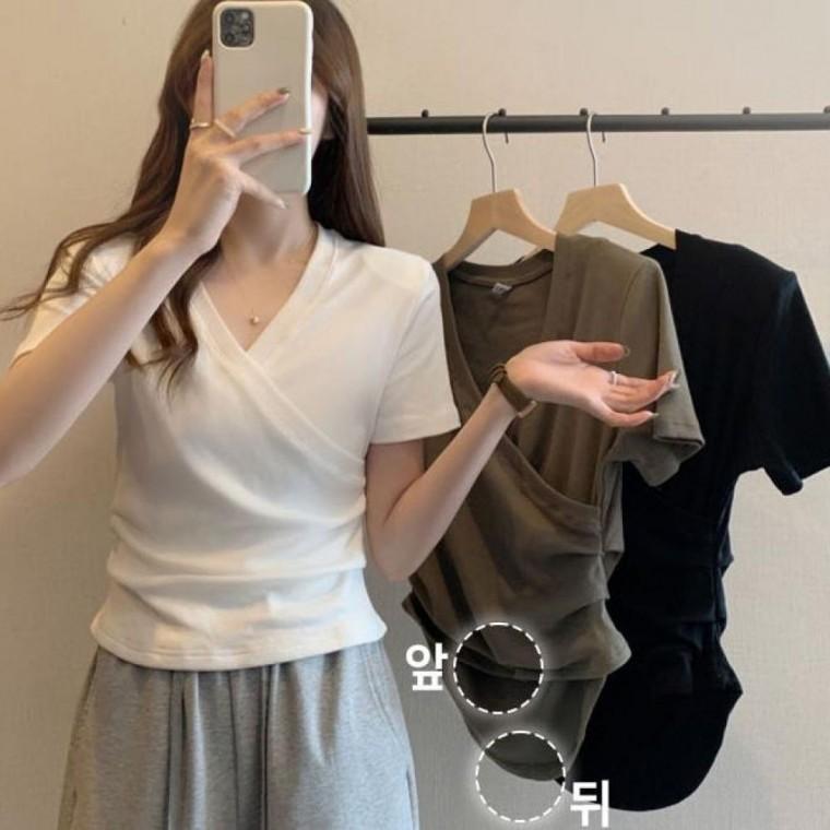여자 1+1 여성 무지 브이넥 티셔츠 랩 셔링 반팔티 스판 여성 흰티 여름