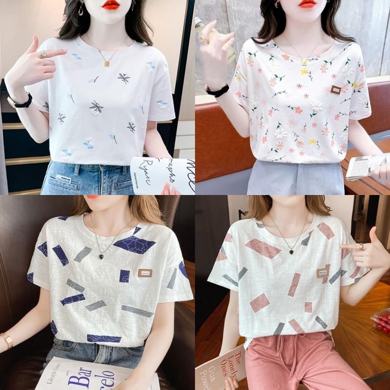 입체 플라워 패턴 라운드넥 여자 반팔 티셔츠