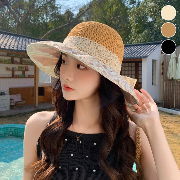 여성 비치모자 레이스 잔꽃무늬 리본포인트 왕골모자