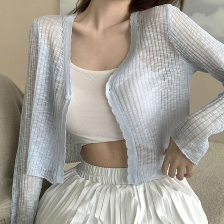 얇은 인기 긴팔 여자 크롭 시스루 겉옷 여름 가디건