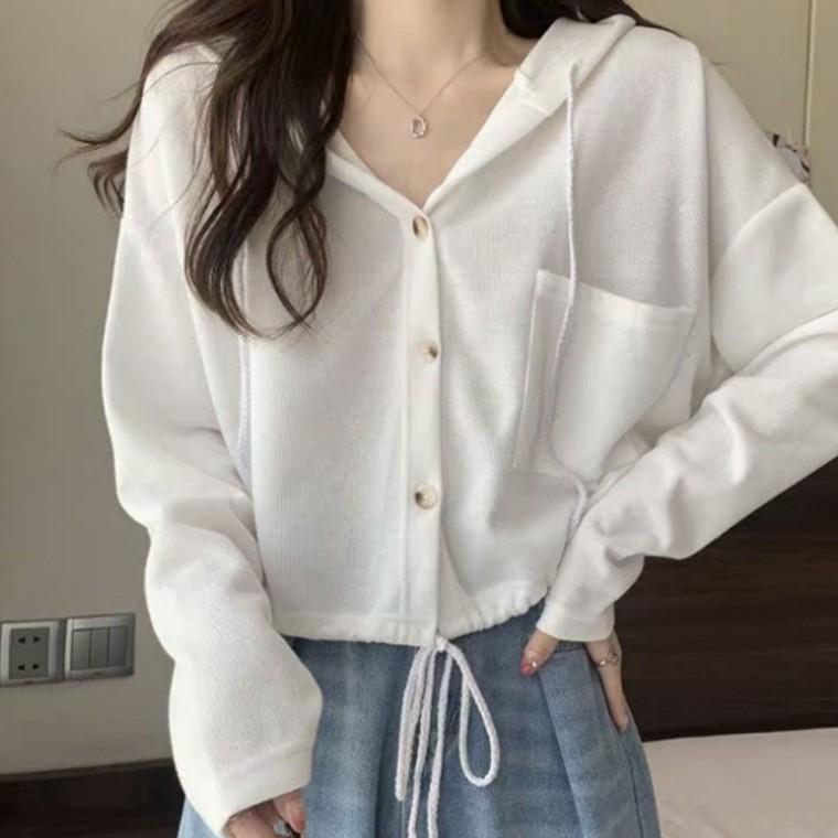 스트링 여성 겉옷 가디건 후드 아우터 크롭 캐주얼룩