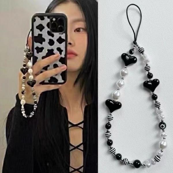 [사러왕]휴대폰 비즈스트랩 핸드폰줄 손목 폰스트랩 핸드폰고리 키링 블랙 하트볼 도난방지 스마트폰