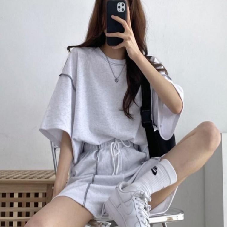 데일리 스타일 스티치 포인트 캐주얼 반팔 상하의세트