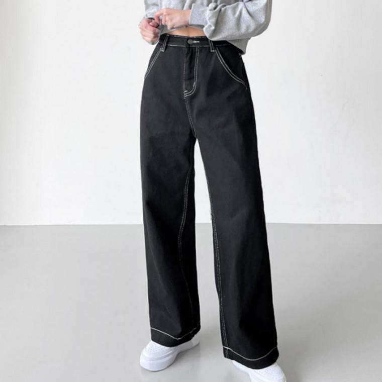 여성 캐주얼 데일리 코튼 스티치 일자 와이드 팬츠 바지
