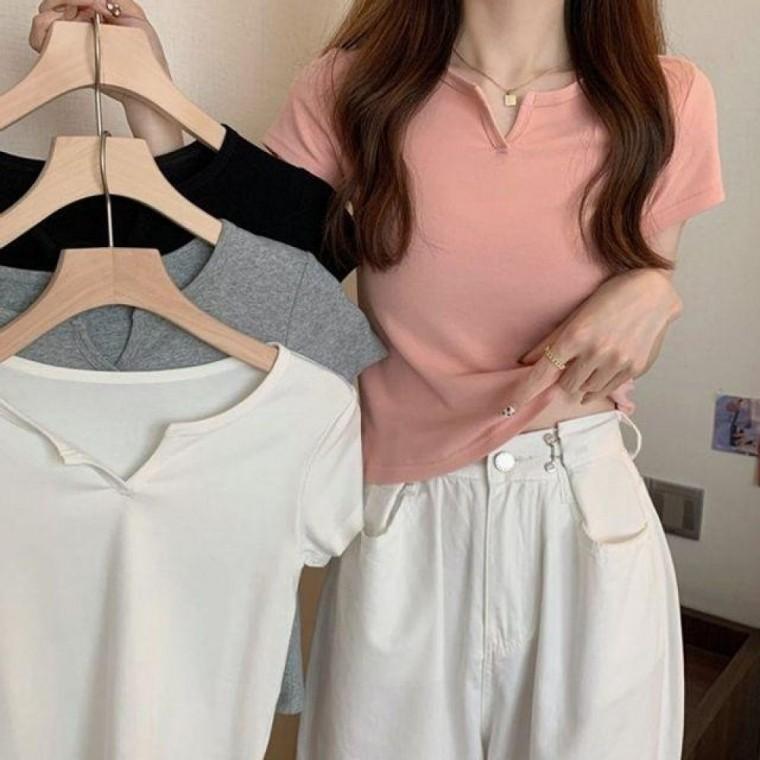 여성 반팔 티셔츠 브이넥 앞트임 면 무지 반팔티 반팔티 라운드티 여성 여자 셔츠 면티