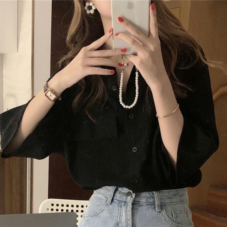 여성 봄 여름 7부 루즈핏 포켓 셔츠 블랙 하객 반팔 여름 여자 7부 셔츠 예쁜 룩 여성 남방 루즈핏