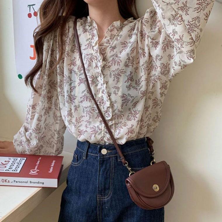 쉬폰 레이스 포인트 플라워 블라우스 프릴 데이트룩 민소매블라우스 셔츠블라우스 쉬폰블라우스 플라워블라