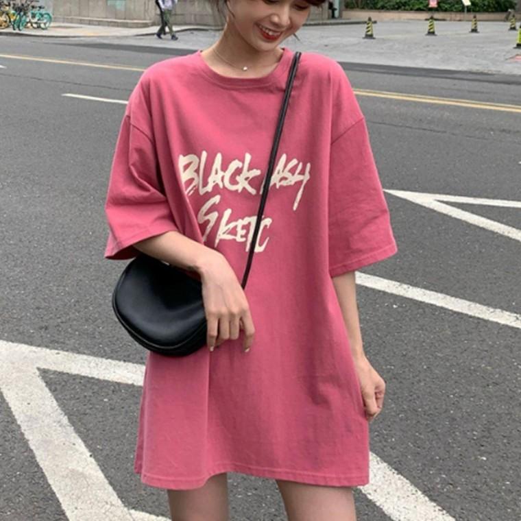 여성 핑크색 박시핏 롱 반팔티 여름 스트릿 20대 슬라브반팔티 박스티 오버 룩 빅 사이즈 코디 핏