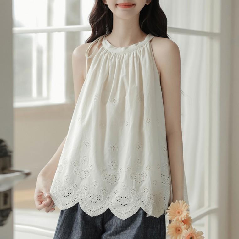 F007544 리본끈장식 홀터넥 펀칭자수 나시블라우스