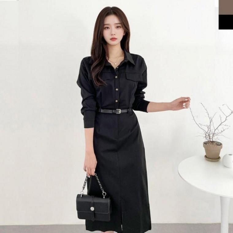 여성 데일리 고급 하객룩 롱 원피스 셔츠 벨트포함