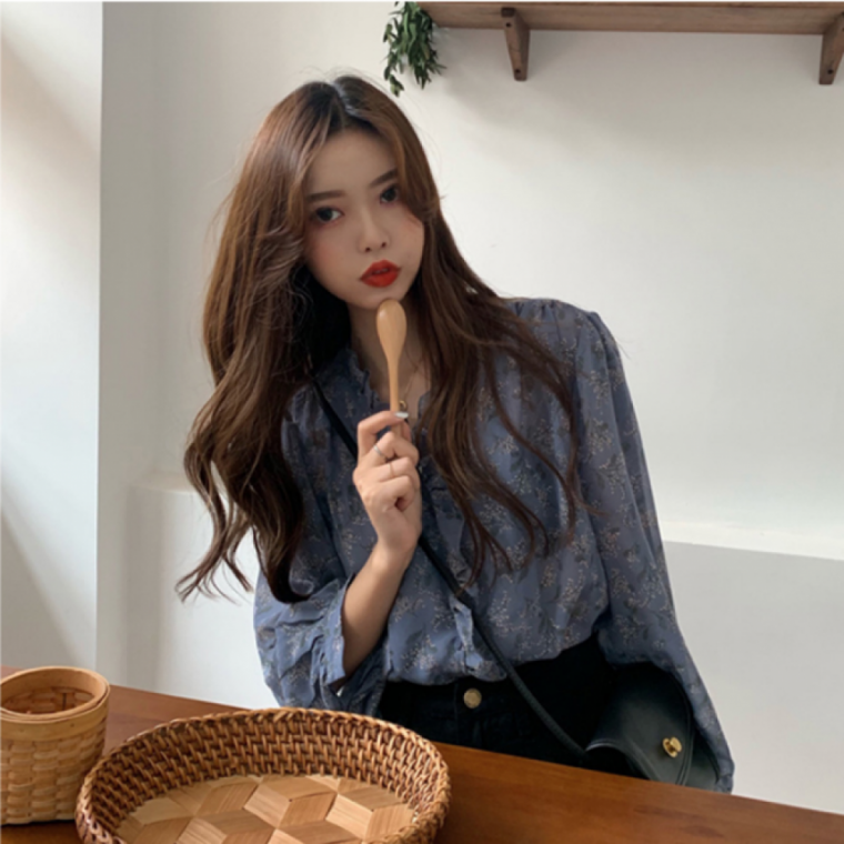 레이스 포인트 플라워 블라우스 프릴 쉬폰 블라우스