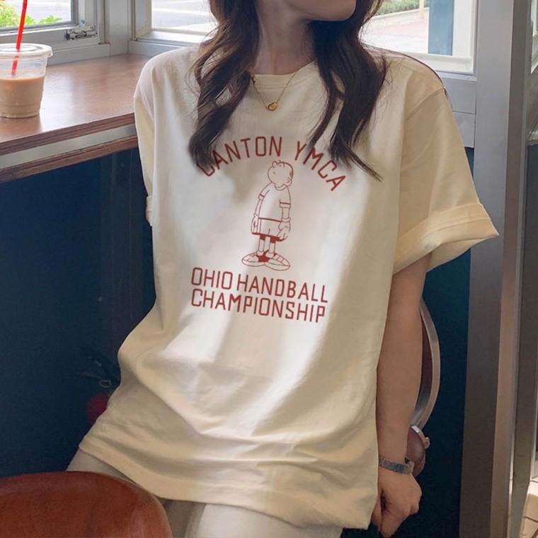 [무무에이티] 여성용 캔톤 레터링 라운드 반팔티