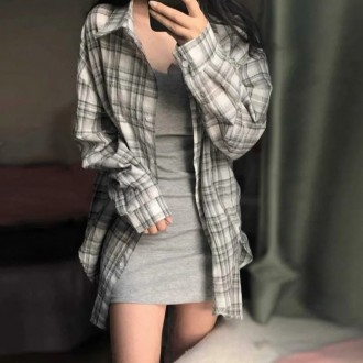 오버핏 체크 긴팔 셔츠 자외선 차단 여름 아우터 봄 가을 여성용 루즈핏 데일리 캐주얼