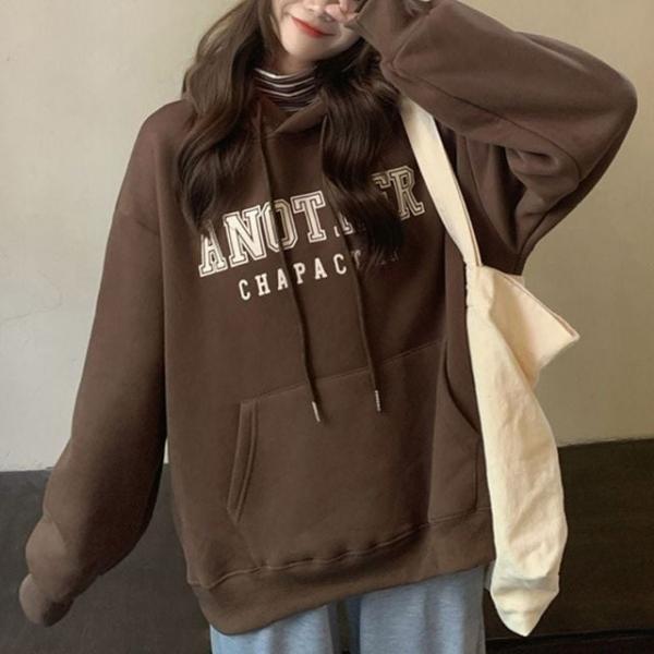 여자티셔츠 기모후드티 맨투맨긴팔 데일리룩 브라운