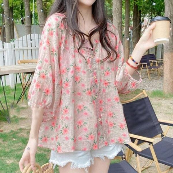 썸머 벌룬소매 꽃넥 여성 셔츠