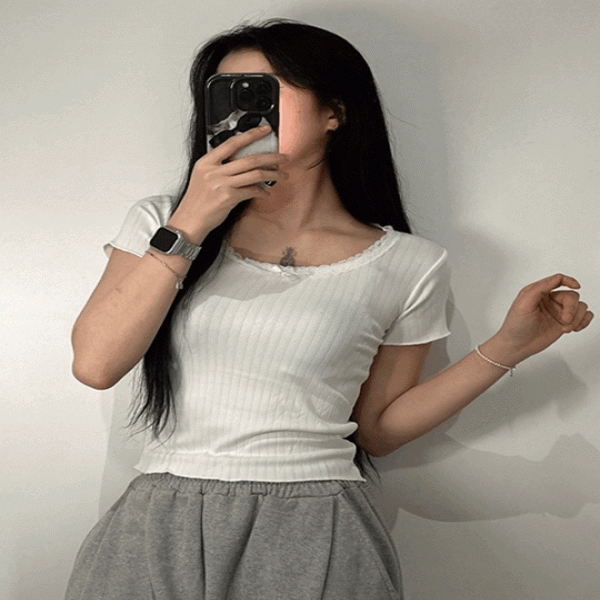 레이스 넥 리본 포인트 골지 티셔츠 반팔 얇은 티 레이스티 여성 빈티지 물결 U넥 여자 여름 이너 화이트