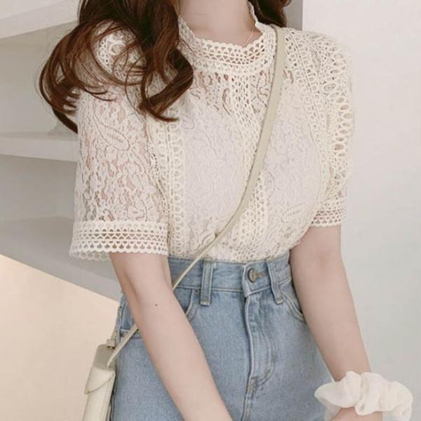 여성 여름 시스루 레이스 반팔티 1P 레이어드 티셔츠
