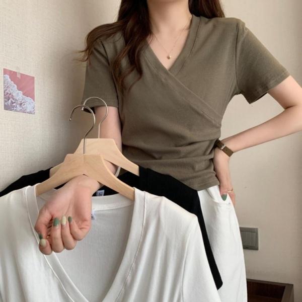 데일리 여자티 V넥 랩 셔링 반팔 티셔츠 여름 상의
