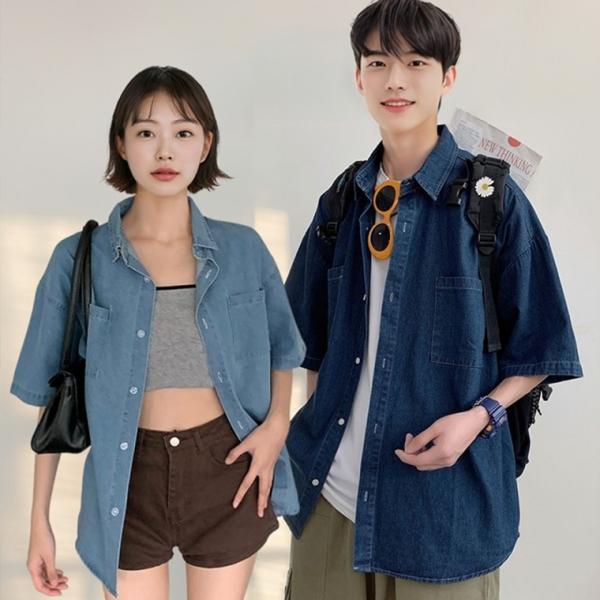 남자 여름 오버핏 데님 반팔 셔츠 청남방 캐주얼셔츠 청셔츠