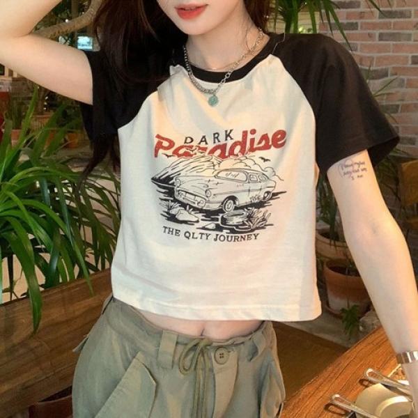나그랑 프린팅 크롭 반팔티셔츠 DK-0443