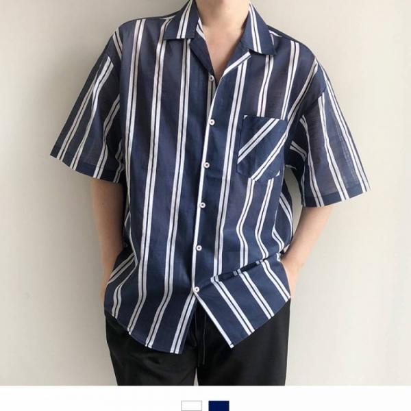 국내생산 오픈카라 스트라이프 오버핏반팔셔츠