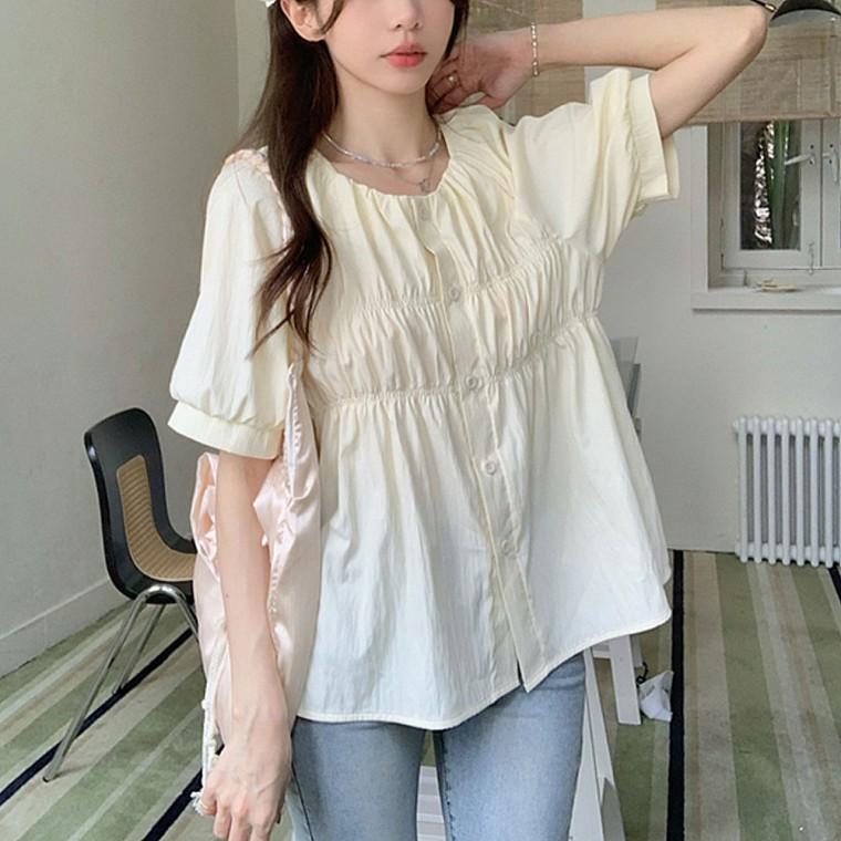 셔츠 블라우스 여름 노카라 셔링 여자 신상 플레어