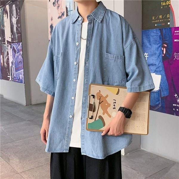 남성 2컬러 데일리 오버핏 데님 반팔 셔츠 INSUM75