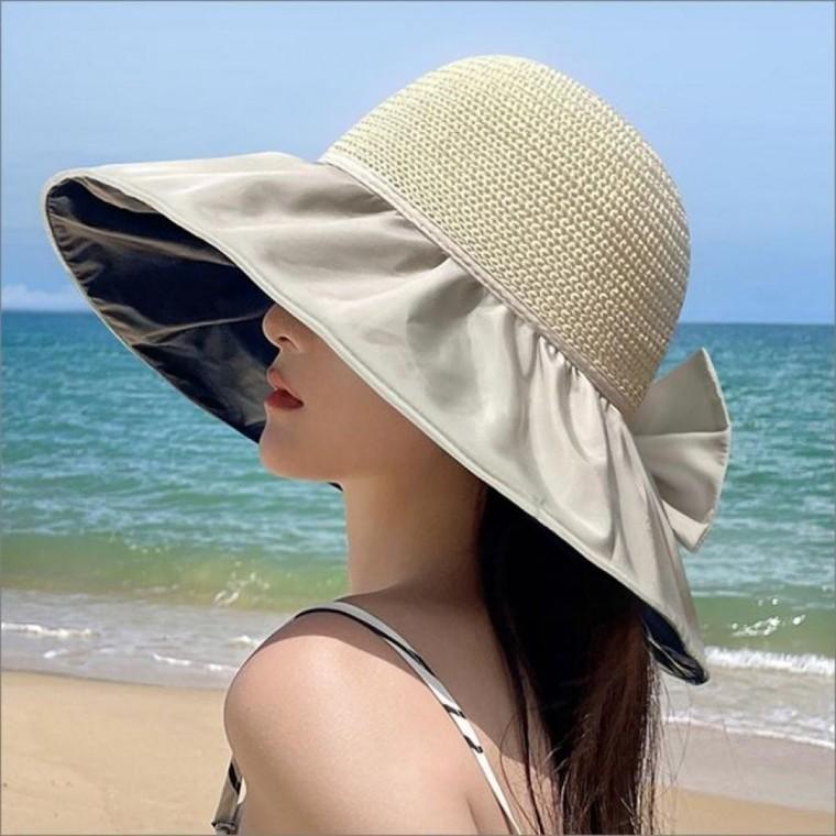 리본 챙모자 썬캡 모자 넓은챙 왕골모자 접이식 자외선차단 햇빛가리개 모자