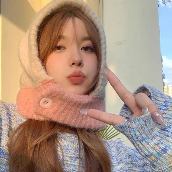 파스텔 배색 부클 버튼 단추 니트 바라클라바 넥워머