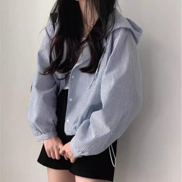 크롭 스트라이프 꾸안꾸 후드 블라우스 SSH-074