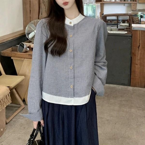 클래식 배색 차이나카라 스트라이프 셔츠 TDN-0129