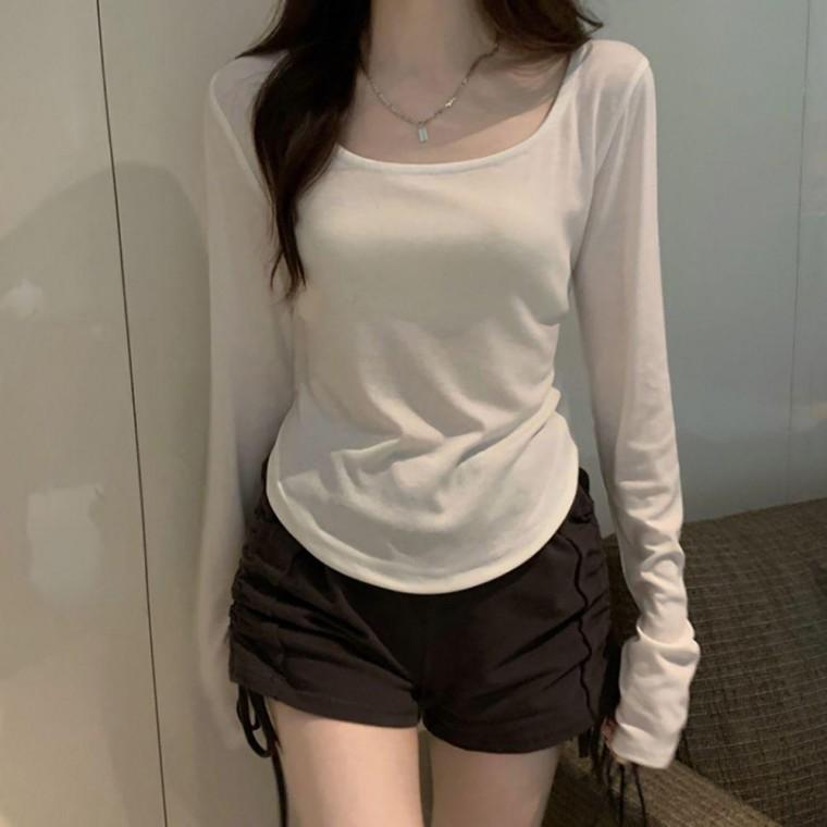 여자 슬림 스타일 스쿱넥 베이직 무지 긴팔 티셔츠 셔츠반팔 니트 반팔티 레이어드 여성