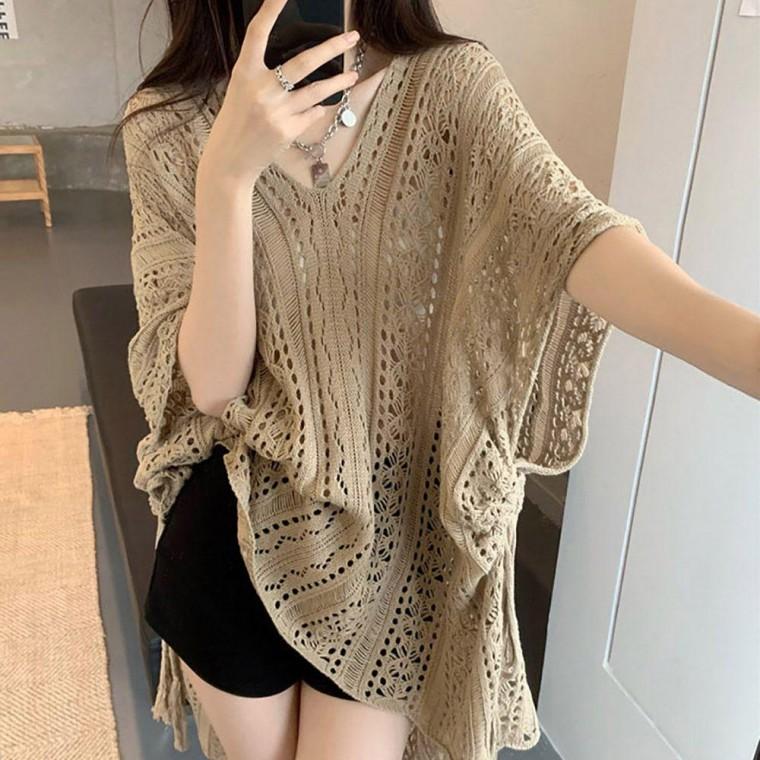 여자 수영장 해변 휴양지 패션 브이넥 비치 커버업 니트 비키니 가디건 수영복 뜨개 로브