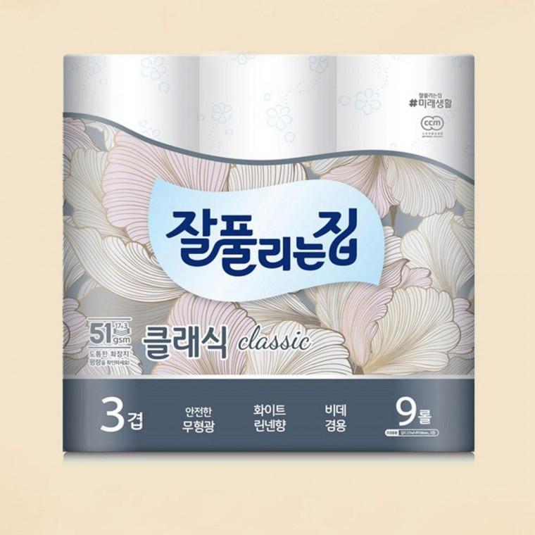 잘풀리는집 더 도톰한 3겹 무형광 화장지 휴지 9롤 화장실 두루마리 롤휴지 롤화장지