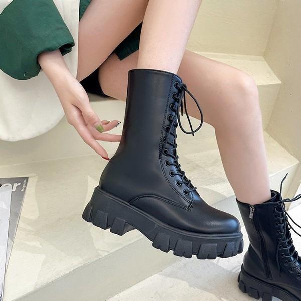 데일리 통굽 여성 레이스업 블랙 롱 워커 LU65