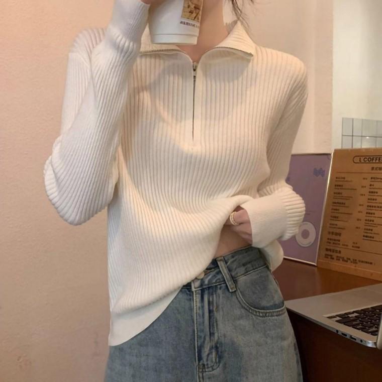 여성 반집업 카라 포인트 골지 디자인 긴팔 니트티 얇은 티셔츠 라운드 가을 겨울