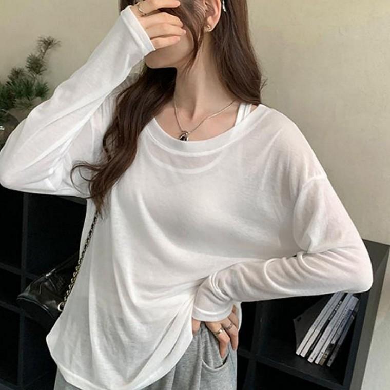 시스루 세트 여자 긴팔티 슬리브리스 루즈핏 캐주얼