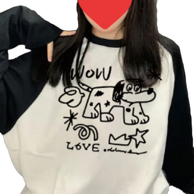 강아지 여자 배색 신상 캐주얼 긴팔티 티셔츠 인기