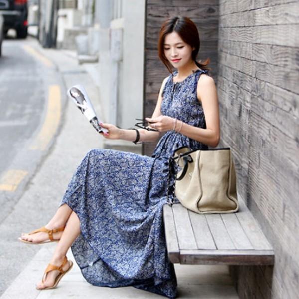 민소매 쉬폰원피스 랩 롱원피스 나시원피스 허리밴드 꽃무늬 OPC004