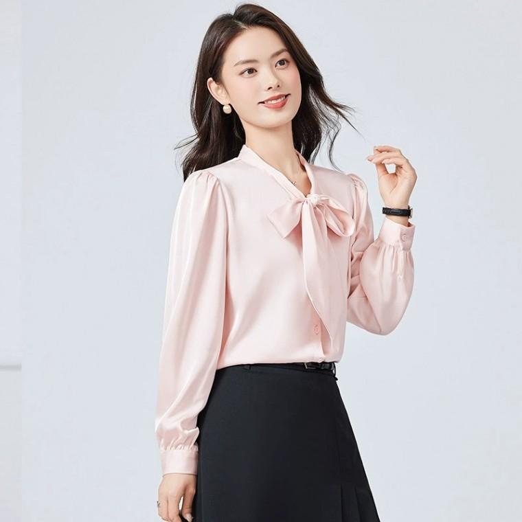 여자 면접 긴팔 셔츠 브이넥 여성 리본 블라우스