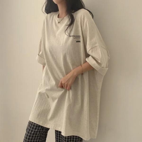 라렌 오트밀 롱티 여성 빅사이즈 7부소매 면 임부복 66 77 88 루즈핏 오버핏 임산부옷 면티