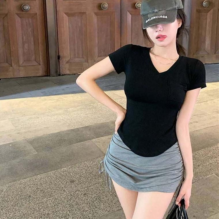 여자 데일리룩 브이넥 포켓 반팔 티셔츠 인기 반팔티