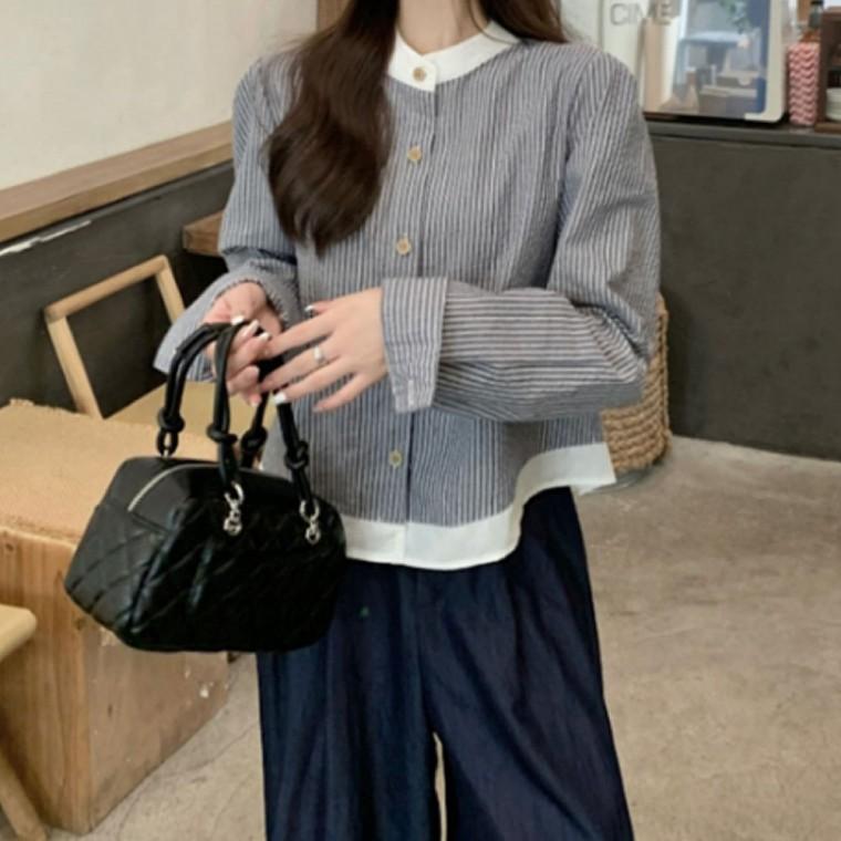 여성 클래식 배색카라 셔츠 스트라이프 블라우스