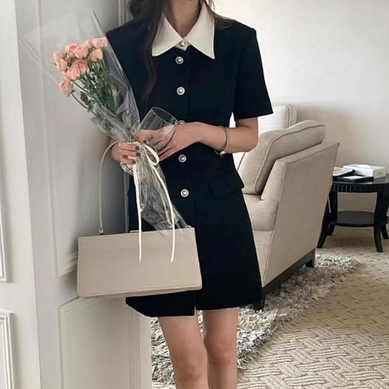 여자 클래식 하객룩 진주버튼 배색 카라 미니원피스