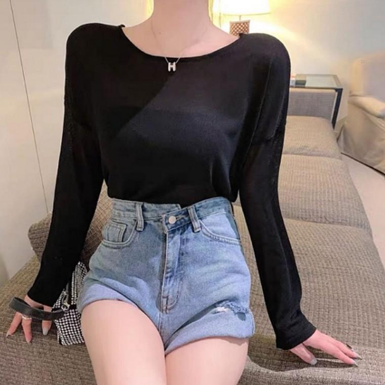 인기 시스루 긴팔티 캐주얼룩 패션 스트랩 티셔츠
